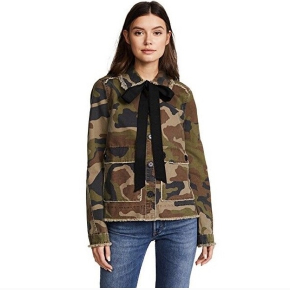 Veronica Beard Mercer Camo Grunge Distressed Bow Green Jacket Size XS
